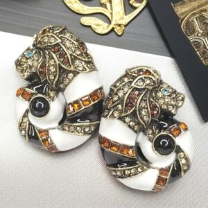 Antiqued Gold Braoque Lion Enamel Crystal Earrings
